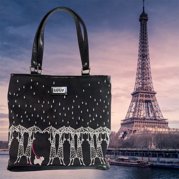 Lulu by Lulu Guiness Black Scottish Terrier Dog Rain Embroidered Handbag Purse - Picture 1 of 9